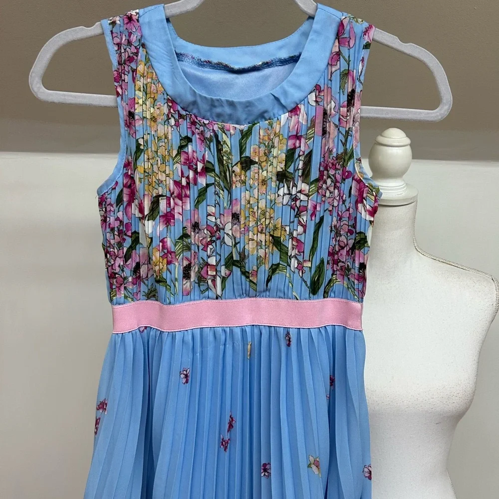 Blue Floral Girls' Dress with Pink Waistband